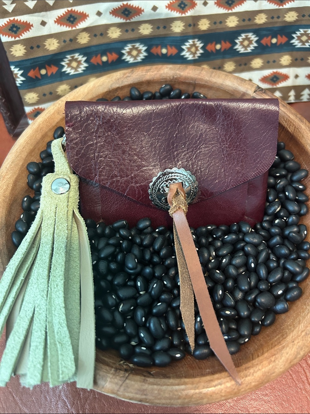 Handmade Burgundy Leather Tassel Card Wallet